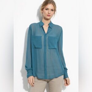 NAT BCBG Max Azria Emma Silk Chiffon Blouse Tahiti Blue Long Sleeve High Low S